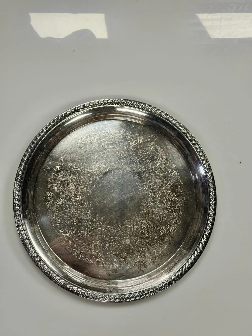 Vintage Silverplate Serving Tray 12” Round Ornate Floral Scrollwork